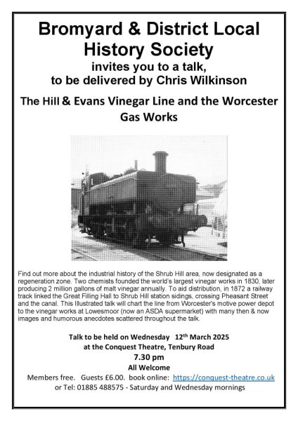 Talk – 12th of March – The Hill & Evans Vinegar Line and the Worcester Gas Works